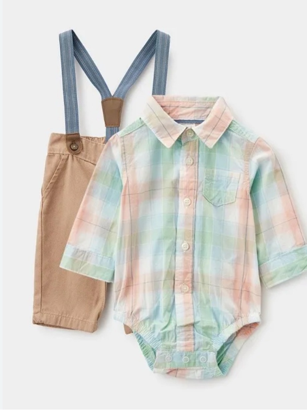 NWT Carter’s Outfit Set Plaid Button Up Khaki Pants Suspenders Pastel